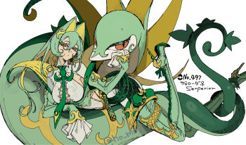 1girl blonde_hair boots breasts cleavage closed_mouth colored_eyelashes colored_inner_hair corset dot_mouth dot_nose frilled_sleeves frills gen_5_pokemon gold_trim green_boots green_corset green_hair green_necktie hair_intakes harurie high_heel_boots high_heels highres lace-up_top large_breasts lasso leotard long_hair long_sleeves looking_at_viewer lying lying_on_animal multicolored_hair necktie nintendo on_side personification pokemon pokemon_(creature) red_eyes serperior simple_background sleeves_past_fingers sleeves_past_wrists snake solo thigh_boots thong two-tone_hair whip white_background white_leotard