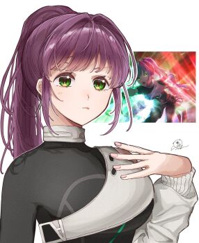  1girl black_shirt breasts closed_mouth commentary deepness_(love_live!) earrings frown green_eyes hair_intakes high_ponytail highres hoop_earrings jewelry link!_like!_love_live! long_hair long_sleeves love_live! medium_breasts official_art_inset otomune_kozue ponytail purple_hair rakko_no_yu_uyu reference_inset shirt shrug_(clothing) sidelocks signature simple_background single_sleeve solo upper_body v-shaped_eyebrows virtual_youtuber white_background white_shrug 