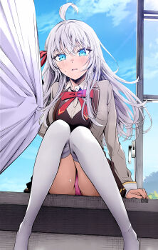 1girl absurdres ahoge alisa_mikhailovna_kujou blazer blue_eyes blush bow bowtie breasts brown_skirt brown_vest collared_shirt colorized fa6ikyl female_focus grey_jacket highres indoors jacket kneehighs large_breasts legs long_hair long_sleeves looking_at_viewer manga_illustration manga_page miniskirt official_art open_mouth panties pantyshot pink_panties pleated_skirt red_bow red_bowtie school_uniform seiren_academy_school_uniform shirt sitting skirt socks solo solo_focus sweatdrop tenacitysaho thick_thighs thighhighs thighs third-party_edit tokidoki_bosotto_roshia-go_de_dereru_tonari_no_alya-san underwear upskirt vest white_hair white_shirt white_thighhighs window window_blinds