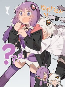  ! !! 2girls ? ?? ahoge black_gloves black_jacket braid commentary dress glomp gloves grey_background hair_ornament hands_up head_bump hood hooded_jacket hug jacket kizuna_akari kizuna_akari_(vocaloid6) long_hair long_sleeves low-tied_sidelocks low_twin_braids multiple_girls multiple_views nimingduz open_clothes open_jacket open_mouth partially_fingerless_gloves puffy_long_sleeves puffy_sleeves purple_dress purple_eyes purple_hair purple_thighhighs short_hair_with_long_locks sidelocks simple_background surprise_hug surprised symbol-only_commentary thighhighs twin_braids two-sided_fabric two-sided_jacket vocaloid voiceroid white_hair white_jacket wide-eyed yuzuki_yukari 