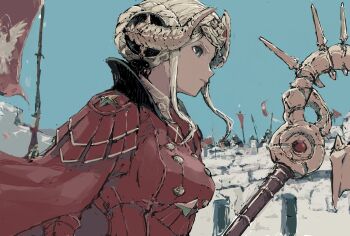  1girl armor axe aymr_(fire_emblem) battlement breasts cape closed_mouth collared_cape double_bun dress edelgard_von_hresvelg edelgard_von_hresvelg_(timeskip) fake_horns fire_emblem fire_emblem:_three_houses flag grey_eyes hair_bun hair_ornament headpiece highres holding holding_axe horned_headwear horns long_hair multiple_views nintendo nutori_manga red_cape red_dress short_hair solo_focus upper_body white_hair 