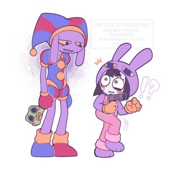  !? 1boy 1girl :d ^^^ animal_ears asymmetrical_footwear asymmetrical_gloves bare_arms bare_legs black_eyes black_hair blue_bodysuit blue_eyes blue_gloves blue_shoes bodysuit center-flap_bangs clenched_teeth collared_bodysuit colored_sclera colored_skin colored_teeth commentary_request contrast_collar cosplay costume_switch double-parted_bangs eye_contact fewer_digits full_body furry furry_male gloves grid_teeth grin gun hair_between_eyes handgun hat height_difference highres holding holding_gun holding_stuffed_toy holding_weapon jax_(the_amazing_digital_circus) jax_(the_amazing_digital_circus)_(cosplay) jester_cap jester_costume jitome looking_at_another lop_rabbit_ears mismatched_footwear mismatched_gloves multicolored_eyes no_pupils open_mouth outline overalls pink_overalls pom_pom_(clothes) pomni_(the_amazing_digital_circus) pomni_(the_amazing_digital_circus)_(cosplay) puffy_short_sleeves puffy_sleeves purple_skin rabbit_boy rabbit_ears red_bodysuit red_eyes red_gloves red_shoes ribbit_(the_amazing_digital_circus) shoes short_hair short_sleeves simple_background skn_1027 smile standing standing_on_one_leg striped_bodysuit stuffed_animal stuffed_frog stuffed_toy sweatdrop teeth the_amazing_digital_circus twitter_username two-tone_eyes uneven_eyes vertical-striped_bodysuit weapon white_background white_outline white_skin yellow_gloves yellow_sclera yellow_teeth 