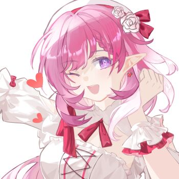  1girl ;o aci beret bird breasts chinese_commentary commentary_request diamond-shaped_pupils diamond_(shape) dove earrings elf elysia_(hi_love_elf)_(honkai_impact) elysia_(honkai_impact) hat heart heart_earrings highres honkai_(series) honkai_impact_3rd jewelry large_breasts long_hair looking_at_viewer multicolored_hair one_eye_closed open_mouth pink_hair pointy_ears purple_eyes scrunchie simple_background smile solo symbol-shaped_pupils two-tone_hair upper_body very_long_hair white_background white_hair wrist_scrunchie 