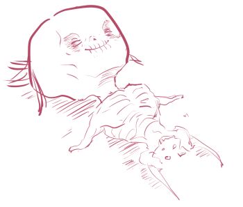  1boy bald balding blue_archive broken_pelvis chibi closed_eyes doodle_sensei_(blue_archive) gimmogu guy_tired_after_sex_(meme) happy lying meme mexico_ufo_alien_bodies_hearing_(meme) nose on_back pelvis ribs sensei_(blue_archive) skeleton skinny solo white_background 