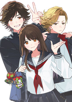  1girl 2boys absurdres animification ankh_(ooo) bag black_jacket breast_pocket brown_eyes brown_hair chinese_commentary clenched_teeth closed_mouth commentary_request curtained_hair gakuran hand_up hands_up highres hino_eiji holding_strap izumi_hina jacket kamen_rider kamen_rider_ooo kamen_rider_ooo_(series) kei_(momojellyfish) long_hair long_sleeves looking_at_viewer multiple_boys neckerchief open_clothes open_hand open_jacket parted_hair parted_lips pocket red_neckerchief sailor_collar school_bag school_uniform serafuku shirt short_hair simple_background smile teeth twitter_username upper_body watermark white_background white_shirt 