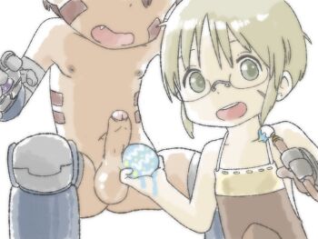  1boy 1girl absurdres blonde_hair clothed_female_nude_male completely_nude dark-skinned_male dark_skin easter_egg egg erection fang foreskin glasses green_eyes hetero highres kodomo_doushi loli made_in_abyss mechanical_arms mechanical_legs navel nipples nude open_mouth paintbrush penis phimosis reg_(made_in_abyss) riko_(made_in_abyss) seigeel shota spread_legs testicles uncensored 