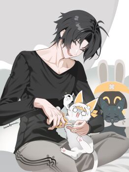  1boy absurdres alternate_costume artist_name asaba_harumasa asaba_harumasa_(cat) asaboo_(zenless_zone_zero) black_hair black_shirt blush cat closed_eyes collarbone commentary grey_pants highres male_focus naru9 open_mouth pants parted_bangs pet_nail_clippers shirt short_hair sitting white_cat zenless_zone_zero 