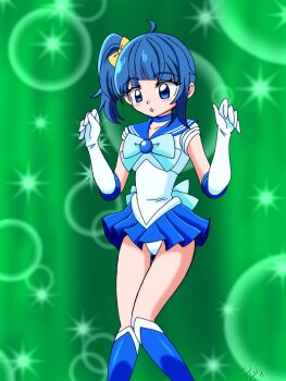  1girl ahoge bishoujo_senshi_sailor_moon blue_boots blue_bow blue_eyes blue_hair blue_skirt blush boots bow collarbone cosplay crossover gloves green_background hair_bow highres hirogaru_sky!_precure kakeyan leotard leotard_peek long_hair looking_at_viewer open_mouth ponytail precure sailor_mercury sailor_mercury_(cosplay) sailor_moon_redraw_challenge sailor_senshi_uniform side_ponytail skirt sora_harewataru sparkle waist_bow white_gloves white_leotard wind wind_lift yellow_bow 