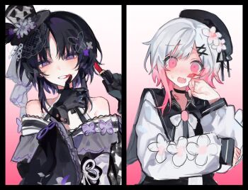  2girls after_kiss bare_shoulders black_gloves blush bug butterfly commentary_request cosmetics embarrassed gloves hat highres holding holding_lipstick_tube housho_margo insect lipstick lipstick_mark lipstick_mark_on_face lipstick_mark_on_neck lipstick_tube mahou_shoujo_no_majo_saiban makeup mini_hat mini_top_hat multiple_girls pink_eyes pink_hair purple_butterfly purple_eyes sakuraba_ema top_hat wamowamomo white_hair wiping yuri 