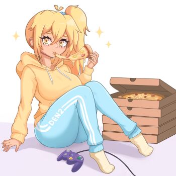 1girl absurdres ahoge akita_neru blue_pants blue_scrunchie breasts cable commentary controller detached_ahoge food game_controller gamecube_controller hair_ornament hair_scrunchie hand_on_floor highres holding holding_food hood hood_down hoodie kaleislazy large_breasts looking_at_viewer pants pizza pizza_box pizza_slice ponytail scrunchie simple_background sitting socks solo sparkle sweatpants vocaloid white_background yellow_hoodie yellow_socks 
