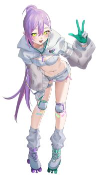  1girl absurdres asymmetrical_footwear bandaid bandaid_on_leg breasts commentary english_commentary eredhen full_body gloves green_eyes grey_leg_warmers hair_between_eyes hand_on_own_knee highres hololive knee_pads leaning_forward leg_warmers long_hair long_sleeves looking_at_viewer mismatched_footwear navel official_alternate_costume open_mouth ponytail purple_hair roller_skates see-through_clothes see-through_sleeves short_shorts shorts shrug_(clothing) simple_background skates small_breasts smile solo standing tokoyami_towa tokoyami_towa_(cyberpunk) virtual_youtuber w white_background white_gloves white_shorts white_shrug 