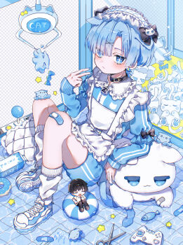  2boys :d animal_ears apron bandaid bandaid_on_knee bandaid_on_leg black_bow black_choker blue_eyes blue_hair blue_jacket blue_shoes blue_shorts blush bow candy cat_boy cat_ears cat_tail checkered_background choker closed_eyes closed_mouth commentary_request controller crossdressing crossdressing_(mtf) ears_down fake_transparency food frilled_apron frilled_hairband frills full_body game_controller hair_bow hairband highres hiro_0607 jacket jersey_maid long_sleeves maid male_focus male_maid mini_person miniboy multiple_boys open_mouth original scissors shoes short_hair shorts sitting sitting_on_water sleeve_bow smile sneakers socks tail track_jacket unconventional_maid white_apron white_hairband white_socks wrapped_candy 