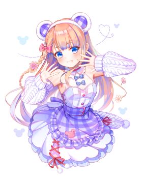 1girl animal_ear_hairband animal_ears bare_shoulders bear_ears blue_bow blue_dress blue_eyes blunt_bangs bow braid breasts brown_hair buttons collar detached_sleeves dress dress_ribbon earrings fake_animal_ears floating_hair flower frills grin hair_bow hair_flower hair_ornament hairband hands_up idoly_pride jewelry karen_(navy_42) layered_dress light_blush long_braid long_hair long_sidelocks long_sleeves looking_at_viewer narumiya_suzu outstretched_hand pink_bow pink_flower plaid_clothes pom_pom_(clothes) puffy_sleeves red_ribbon ribbon side_braid sidelocks simple_background sleeveless sleeveless_dress small_breasts smile solo straight_hair very_long_hair white_background white_collar white_dress white_hairband white_sleeves