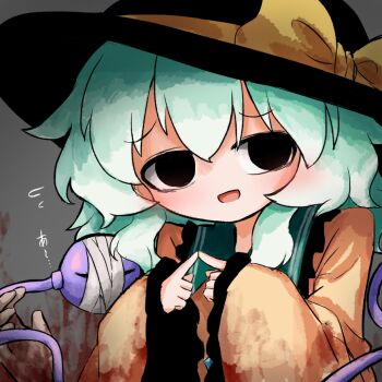  1girl :d bandages black_eyes black_hat blood blood_on_clothes blood_on_hands blood_stain blush bow buttons collared_shirt diamond_button flying_sweatdrops frilled_shirt_collar frilled_sleeves frills green_hair hat hat_bow heripantomorrow index_fingers_together komeiji_koishi medium_hair open_mouth out_of_frame raised_inner_eyebrows shirt smile solo third_eye touhou translation_request upper_body yellow_bow yellow_shirt 