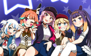  5girls :d beret black_choker blonde_hair blue_eyes blue_hair blue_jacket blue_sweater_vest blunt_bangs bow bowtie breasts brown_bow brown_bowtie choker collar ddolbang diamond_hairband finger_gun gawr_gura gloves gradient_hair grey_jacket gun hair_bow hair_ornament hat heart highres hololive hololive_english holomyth jacket long_hair looking_at_viewer mole mole_under_eye mori_calliope multicolored_hair multiple_girls ninomae_ina'nis open_mouth orange_hair patterned_background pink_hair pink_jacket pointing pointy_ears purple_hair red_hat red_ribbon ribbon sailor_collar school_uniform shark_girl shark_hair_ornament sharp_teeth shirt single_glove sitting smile star_(symbol) streaked_hair sweater_vest takanashi_kiara teeth v virtual_youtuber watson_amelia waving weapon white_collar white_hair white_shirt white_wings wings 