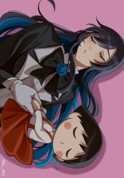  2girls ado_(utaite) black_bow black_bowtie black_hair blue_hair bow bowtie chando_(ado) chibi_maruko-chan closed_eyes closed_mouth colored_inner_hair commentary_request gloves highres keeko_(kk_0012) long_hair long_sleeves multicolored_hair multiple_girls sakura_momoko shirt short_hair sideways utaite white_gloves white_shirt 