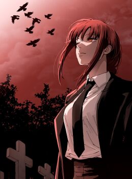  1girl bird black_coat black_necktie braid braided_ponytail breasts chainsaw_man coat commentary_request cross crow expressionless eyebrows_hidden_by_hair highres korean_commentary large_breasts lips looking_up makima_(chainsaw_man) necktie orange_eyes red_hair red_sky ringed_eyes sawgak shirt shirt_tucked_in single_braid sky solo white_shirt 