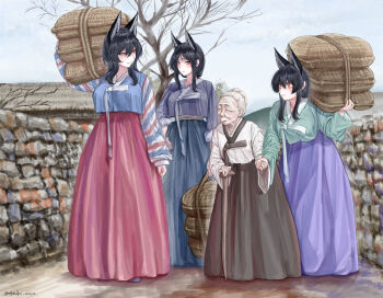  4girls absurdres animal_ear_fluff animal_ears bare_tree black_hair blue_shirt blue_skirt breasts carrying_over_shoulder closed_eyes closed_mouth fox_ears fox_girl green_shirt green_skirt high_heels highres holding korean_clothes large_breasts long_hair long_skirt looking_at_another low_ponytail m4skedboi multiple_girls old old_woman parted_bangs parted_lips pink_hair pink_shirt ponytail red_eyes scp-953 scp_foundation shirt sidelocks skirt smile stone_wall thatched_roof tree variant_set walking white_hair 
