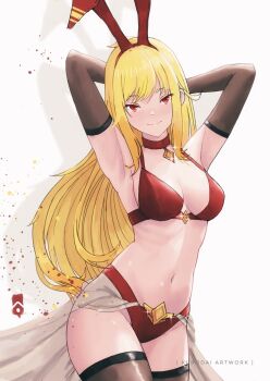 1girl animal_ears armpit_focus armpits arms_behind_head blush bra breasts choker commentary cowboy_shot elbow_gloves english_commentary fake_animal_ears gloves highres hololive hololive_indonesia kaela_kovalskia kurodai711 large_breasts light_smile long_hair looking_at_viewer panties presenting_armpit rabbit_ears red_bra red_choker red_eyes red_panties simple_background solo underwear virtual_youtuber