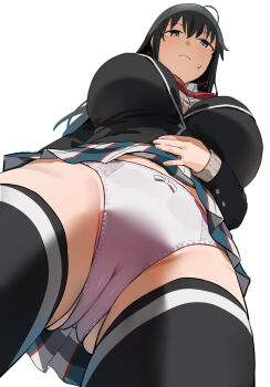  1girl alternate_breast_size_(larger) bakkanki black_hair black_jacket black_thighhighs blazer blue_eyes blush breasts closed_mouth clothes_lift commentary_request from_below hair_ribbon highres jacket large_breasts long_hair long_sleeves panties pink_panties red_ribbon ribbon school_uniform simple_background skirt skirt_lift sobu_high_school_uniform solo standing sweatdrop thighhighs thighs underwear white_background winter_uniform yahari_ore_no_seishun_lovecome_wa_machigatteiru. yukinoshita_yukino 