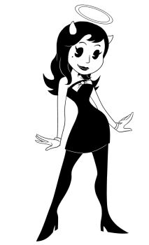  1girl alice_(bendy_and_the_ink_machine) bare_shoulders bendy_and_the_ink_machine black_hair breasts dress gloves high_heel_boots horns lipstick long_hair mole thigh_boots  rating:Sensitive score:3 user:twilight_jester