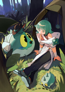  1girl absurdres bug colored_sclera commentary dated green_eyes green_hair hat highres linween on_grass original short_hair signature tent tree yellow_sclera 