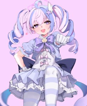  1girl :d absurdres aegyo_sal ahoge asymmetrical_sidelocks back_bow black_bow blue_archive blurry bow bowtie brooch chinese_commentary clenched_hand commentary_request covered_navel cowboy_shot cropped_jacket dot_nose drill_hair earrings foreshortening frilled_skirt frills gloves gluteal_fold hair_ornament halo hand_on_own_hip highres incoming_fist_bump jacket jewelry knee_up large_bow light_blush long_hair looking_at_viewer magical_girl miniskirt multicolored_hair open_mouth outstretched_arm panties panties_over_pantyhose panty_peek pantyhose petticoat pink_background pink_bow pink_hair pink_halo puffy_short_sleeves puffy_sleeves purple_bow purple_bowtie purple_eyes purple_hair purple_jacket purple_pantyhose purple_skirt reisa_(blue_archive) reisa_(magical)_(blue_archive) short_sleeves sidelocks simple_background skirt skirt_set sleeve_bow smile solo star_(symbol) star_earrings star_hair_ornament striped_clothes striped_pantyhose tongku_jue_jie twin_drills two-tone_hair underwear white_gloves white_pantyhose wing_hair_ornament 