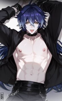 1boy absurdres black_choker black_pants black_shirt blue_hair chain choker commentary english_commentary flins_(genshin_impact) genshin_impact highres long_hair long_sleeves male_focus moonimu_art multicolored_hair muscular muscular_male navel nipple_bar nipple_piercing nipples non-web_source open_clothes open_shirt pants piercing shirt single_nipple_piercing solo stomach streaked_hair tongue tongue_out yellow_eyes 
