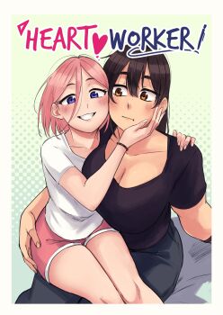  2girls absurdres akiosketch black_hair black_shirt blush border breasts cheek-to-cheek cleavage closed_mouth collarbone commentary dithered_background double-parted_bangs english_commentary english_text grin hair_between_eyes hand_on_another&#039;s_cheek hand_on_another&#039;s_face hand_on_another&#039;s_hip hand_on_another&#039;s_shoulder heads_together highres large_breasts long_bangs long_hair looking_at_viewer multiple_girls orange_eyes original pink_hair pink_shorts purple_eyes scoop_neck shirt short_hair short_shorts short_sleeves shorts sitting sitting_on_lap sitting_on_person smile two-tone_background white_border white_shirt yuri 