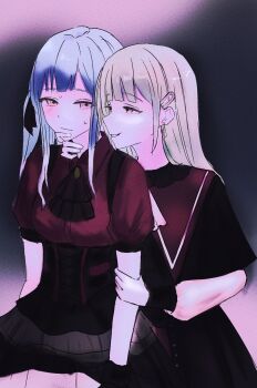  2girls absurdres bang_dream! bang_dream!_it's_mygo!!!!! black_capelet black_corset blue_hair capelet commentary corset green_hair hand_on_another's_chin hashtag-only_commentary highres holding_another's_arm long_hair long_sleeves mortis_(bang_dream!) mortis_(costume)_(bang_dream!) mortis_(persona)_(bang_dream!) multiple_girls neionzero nervous_sweating oblivionis_(bang_dream!) red_shirt shirt sidelocks sweat togawa_sakiko wakaba_mutsumi white_shirt yellow_eyes yuri 