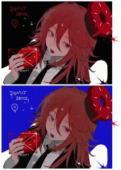  1boy absurdres angel_devil_(chainsaw_man) chainsaw_man dessert donut_halo food hair_between_eyes halo highres holding holding_food imminent_bite imminent_eating long_hair long_sleeves looking_at_viewer male_focus mole mole_under_mouth open_mouth red_eyes red_hair red_halo sidelocks solo white_wings wings xue_ding_kuangquan 