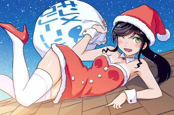  1girl ;d bare_shoulders black_hair blush breasts cleavage commentary_request detached_collar dress green_eyes hat hattori_mitsuru high_heels holding holding_sack kinme_wakana kirei_ni_shitemoraemasuka long_hair lying medium_breasts on_side one_eye_closed open_mouth red_dress red_hat red_shoes sack santa_costume santa_dress santa_hat shoes short_dress sidelocks smile solo strapless strapless_dress thighhighs white_thighhighs white_wrist_cuffs wrist_cuffs 