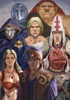  1990s_(style) 1girl 6+boys alan_(magic_sword) amazon_warrior annotated ariol_(magic_sword) armor barbarian bikini_armor blonde_hair blue_eyes bra breasts brown_eyes cape collarbone commentary_request damaged dark_skin derek_(magic_sword) fantasy faux_traditional_media furry furry_male gai_(magic_sword) gem green_eyes hat helmet highres jewelry knight large_breasts lizardman long_hair looking_at_viewer lothar_(magic_sword) magic_sword manly medieval monster multiple_boys muscular necklace ninja niura_(magic_sword) oggy_(oggyoggy) ogre priest realistic red_hair retro_artstyle revision ryugo_(magic_sword) sara_(magic_sword) serious soldier tunic turban underwear uuma_(magic_sword) vest warrior wizard 