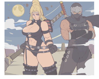  1boy 1girl abs belt black_scarf blonde_hair border breasts cape circlet cleavage cleavage_cutout clenched_hand clothing_cutout commentary crossed_arms dragon_sword earrings english_commentary full_moon headband high_ponytail holding holding_weapon jewelry katana kunai leather looking_at_viewer mask masked michel_teru moon mouth_mask naginata ninja ninja_gaiden ninja_mask o-ring o-ring_belt outdoors polearm ponytail rachel_(ninja_gaiden) ryu_hayabusa scarf shoulder_plates simple_background studded_legwear sword upper_body weapon white_border 