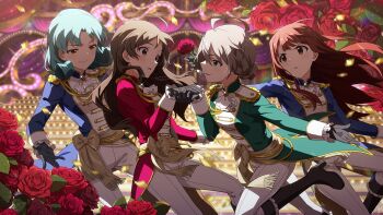  4girls ahoge aiguillette ascot black_gloves blue_jacket boots braid brown_boots brown_eyes brown_hair commentary_request epaulettes etoile_brilliant_(idolmaster) eye_contact floating_hair flower game_cg gloves green_eyes green_hair green_jacket high_heel_boots high_heels holding holding_flower holding_hands idolmaster idolmaster_million_live! idolmaster_million_live!_theater_days jacket kitazawa_shiho knee_boots long_hair long_sleeves looking_at_another multiple_girls official_alternate_costume official_art opera_seria_kiramekiza pants red_flower red_jacket red_rose rose sakuramori_kaori short_hair stage standing tanaka_kotoha third-party_source tokugawa_matsuri v-shaped_eyebrows white_ascot white_pants yuri 