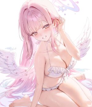  1girl absurdres bare_arms bare_legs barefoot bikini blue_archive blush breasts cleavage feathered_wings freng frilled_bikini frills gradient_hair halo highres large_breasts long_hair looking_at_viewer mika_(blue_archive) mika_(swimsuit)_(blue_archive) multicolored_hair navel official_alternate_costume pink_hair revision signature simple_background sitting smile solo stomach straight_hair swimsuit tucking_hair very_long_hair wariza white_background white_bikini white_wings wings yellow_eyes 