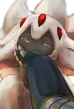  1boy 1girl animal_ears black_skin blurry body_fur closed_eyes colored_eyelashes colored_skin depth_of_field ears_down faputa hand_on_another's_chin hashtag-only_commentary highres made_in_abyss monster_girl multiple_tails no_nose noomu03100 puffy_cheeks reg_(made_in_abyss) tail white_fur white_hair 