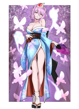  1girl absurdres bare_shoulders blue_kimono breasts bug butterfly cleavage collarbone enukee floral_print floral_print_kimono full_body geta hand_fan highres holding holding_fan insect japanese_clothes kimono perfect_cherry_blossom pink_eyes pink_hair print_kimono saigyouji_yuyuko short_hair smile socks solo tabi touhou triangular_headpiece white_socks wide_sleeves 