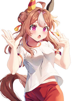  1girl absurdres ahoge animal_ears blush breasts brown_hair commentary_request copano_rickey_(umamusume) double_bun ear_covers fang gym_shirt gym_uniform hair_between_eyes hair_bun hair_ornament highres horse_ears horse_girl horse_tail long_hair looking_at_viewer medium_breasts midriff_peek mismatched_ear_covers multicolored_hair open_mouth purple_eyes red_shorts shirt short_sleeves shorts simple_background solo tail tassel tassel_hair_ornament tracen_training_uniform umamusume white_background white_hair white_shirt yoru_usagi 