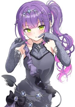  1girl alternate_costume bare_shoulders black_dress black_sleeves braid demon_tail detached_sleeves dress ear_piercing green_eyes hashtag-only_commentary highres hololive jewelry long_hair looking_at_viewer multicolored_hair necklace parted_lips piercing pink_hair purple_hair rinkaa_(lovelive765pro2) side_ponytail simple_background solo tail tiara tokoyami_towa two-tone_hair virtual_youtuber white_background 