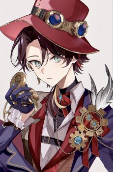  1boy alternate_costume belt black_belt brooch brown_hair feathers gears goggles goggles_on_headwear grey_eyes hashtag-only_commentary hat highres holding holding_pocket_watch jewelry long_sleeves looking_at_viewer male_focus medium_hair multicolored_hair nijisanji parted_lips pocket_watch red_hat saegusa_akina simple_background sinoda1440 solo streaked_hair upper_body virtual_youtuber watch white_background 
