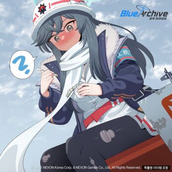  1girl ? ak-47 artist_request assault_rifle black_hair black_pantyhose blue_archive blue_halo blush character_request closed_mouth cloud cloudy_sky eating food gun halo helmet jacket kalashnikov_rifle long_hair looking_at_viewer minori_(blue_archive) official_art pantyhose pudding red_winter_federal_academy_logo rifle scarf shirt sidelocks skirt sky solo speech_bubble weapon white_shirt 