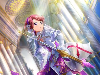  1girl armor arthurian_legend closed_mouth cosplay cross cross_earrings dress dutch_angle earrings from_behind galahad_(mythology) galahad_(mythology)_(cosplay) game_cg halberd holding holding_polearm holding_weapon isurugi_futaba jewelry looking_at_viewer multicolored_dress official_art pillar polearm purple_dress purple_eyes red_hair short_hair shoujo_kageki_revue_starlight shoujo_kageki_revue_starlight_-re_live- shoulder_armor smile solo standing upper_body weapon white_dress 