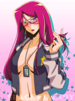  1girl blue_eyes blush breasts cleavage closed_mouth collarbone glasses gradient_background jacket large_breasts lipstick long_hair makeup nanbu_arata navel no_bra open_clothes open_jacket pink_background pink_hair scarlet_(space_dandy) simple_background solo space_dandy upper_body 