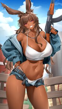  1girl absurdres ak-47 animal_ears assault_rifle bare_shoulders barn belt bikini blue_jacket blunt_bangs breasts brown_hair casul cleavage cloud commentary crop_top fence grin gun hand_on_own_hip head_tilt highres jacket jewelry kalashnikov_rifle large_breasts long_hair micro_shorts navel necklace off_shoulder original outdoors pink_eyes rifle shorts side-tie_bikini_bottom sky smile solo studded_belt swimsuit tan toned weapon white_bikini wooden_fence 