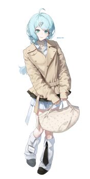  1girl absurdres ahoge alternate_costume bag black_shoes black_skirt blue_eyes blue_hair brown_jacket closed_mouth commentary_request flower_hairpin full_body highres holding holding_bag jacket korean_commentary leg_warmers long_hair looking_at_viewer ponytail seed_(zenless_zone_zero) shirt shoes simple_background skirt smile solo soooon_hand twitter_username white_background white_bag white_leg_warmers white_shirt zenless_zone_zero 