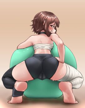  1girl arrax_(wdah8558) ass ass_focus ball bandaged_leg bandages bike_shorts black_choker black_shorts brown_hair cameltoe chest_sarashi choker closed_mouth feet from_behind full_body hand_on_own_thigh highres kono_subarashii_sekai_ni_shukufuku_wo! looking_at_viewer looking_back megumin red_eyes sarashi shorts simple_background single_thighhigh smile soles solo squatting stirrup_legwear thighhighs toeless_legwear  rating:Questionable score:442 user:danbooru