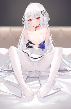 1girl absurdres bare_shoulders breasts breasts_out chinese_commentary collar commentary_request flat_chest highres loli original pantyhose partial_commentary red_eyes small_breasts soles thighs veil white_hair white_pantyhose xiao_lin_jiu rating:Questionable score:33 user:danbooru