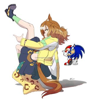  1boy 1girl ahoge animal_ears animal_nose blue_fur blue_skirt boots braid brown_hair commentary english_commentary furry furry_male gloves green_eyes green_socks grin hair_between_eyes hair_ornament half_up_half_down_braid highres horse_ears horse_girl horse_tail jacket jungle_pocket_(champion's_battle_cry)_(umamusume) jungle_pocket_(umamusume) leg_up long_sleeves medium_hair mergeritter midriff_peek notched_ear open_clothes open_jacket open_mouth pose_imitation red_shoes shoes skirt smile socks sonic_(series) sonic_the_hedgehog tail teeth umamusume white_gloves yellow_eyes yellow_jacket 