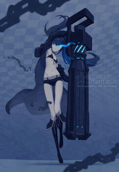  1girl 32zzz belt black_hair black_rock_shooter black_rock_shooter_(character) blue_eyes expressionless highres looking_at_viewer looking_down tagme weapon  rating:Sensitive score:1 user:boznsj2